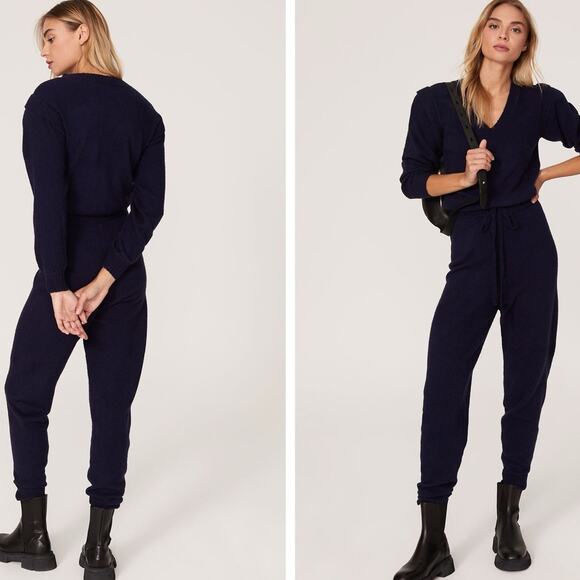 Central Park West Holmes Jumpsuit MEDIUM Blue Fleece Jersey Knit V-Neck Ruffle - Picture 1 of 13